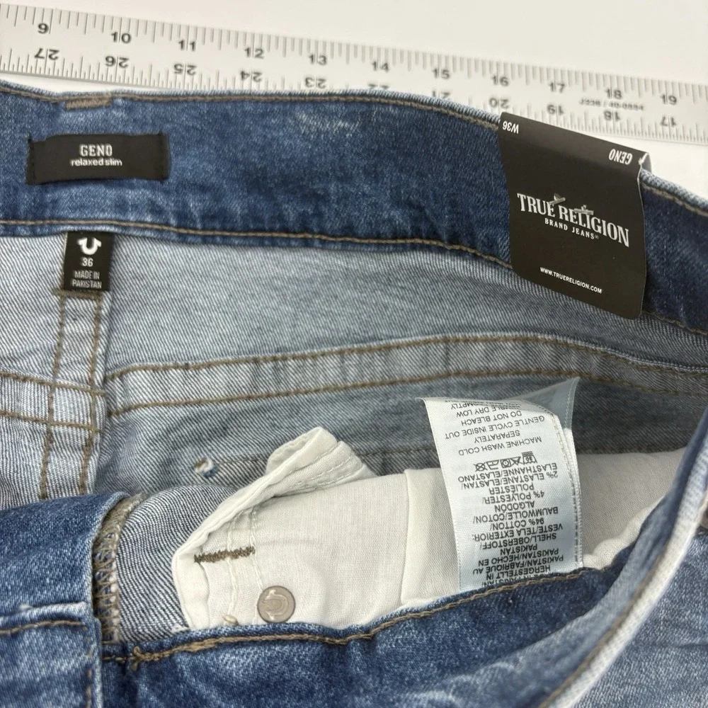 New True Religion Geno Relaxed Slim Jeans Men 36X34 Distressed Big T Flap Pocket